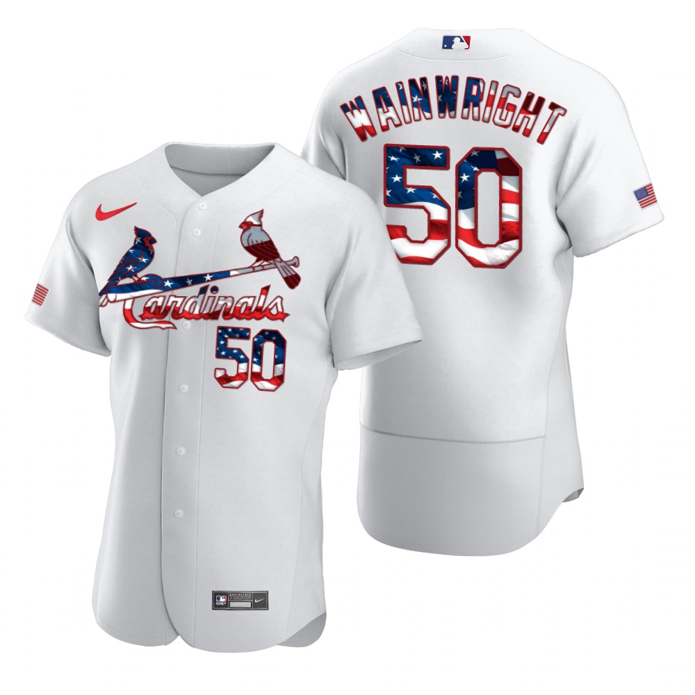 St. Louis Cardinals #50 Adam Wainwright Men Nike White Fluttering USA Flag Limited Edition Authentic MLB Jersey